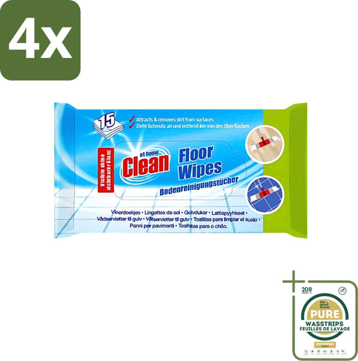 At Home - Clean - Vloer Reinigingsdoekjes - Reinigt Effectief - 15 Doekjes - Voordeelverpakking - 4 stuks - Vloer doek - Glans vloer