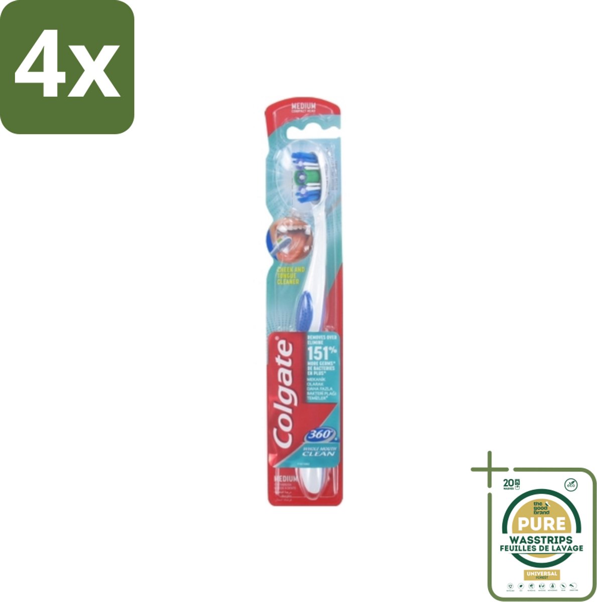 Colgate - Tandenborstel - 360 Whole Mouth Clean Medium - Wit/Blauw - 1 Tandenborstel - Voordeelverpakking - 4 stuks - Tandenpoetsen - Bacteriën