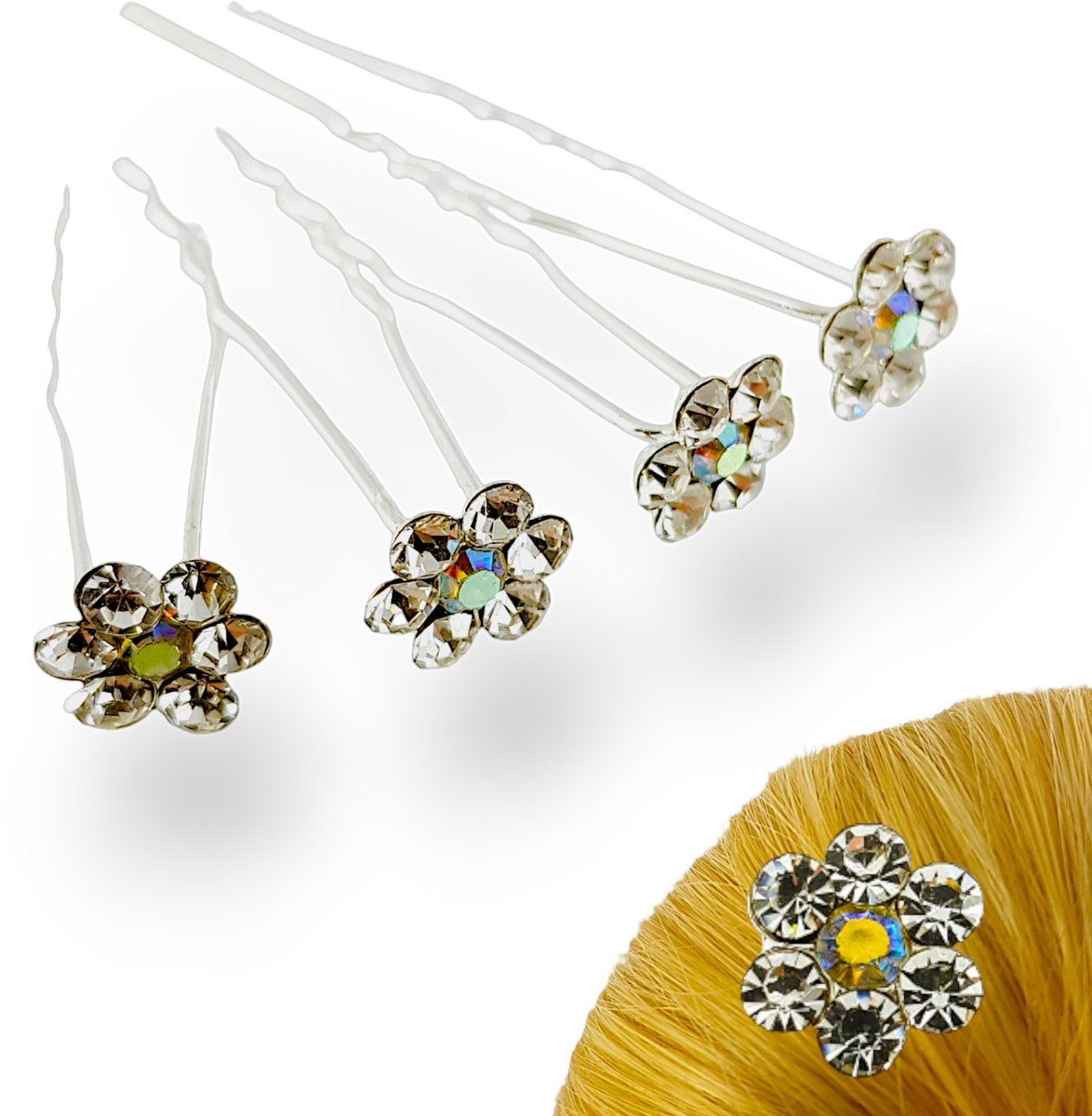 Dames Haarspelden met Zirkonia Bloemen - Set van 4