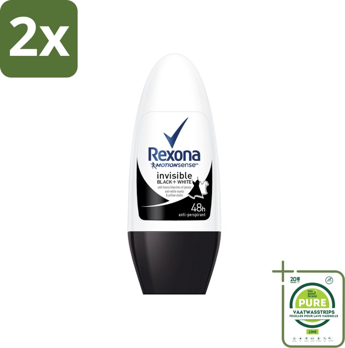 Rexona - Invisible Black & White - Deo Roller - Anti-transpirant - 50 ml - Voordeelverpakking - 2 stuks - Deodorant - Anti-transpirant
