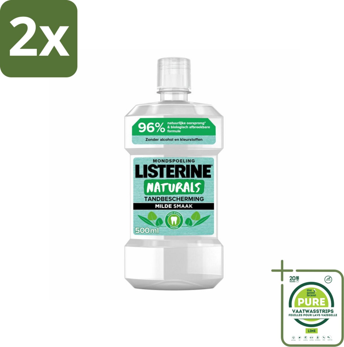Listerine Naturals Mondwater Tandbescherming 500 ml - Voordeelverpakking - 2 stuks - Mondspoeling - Mondwater