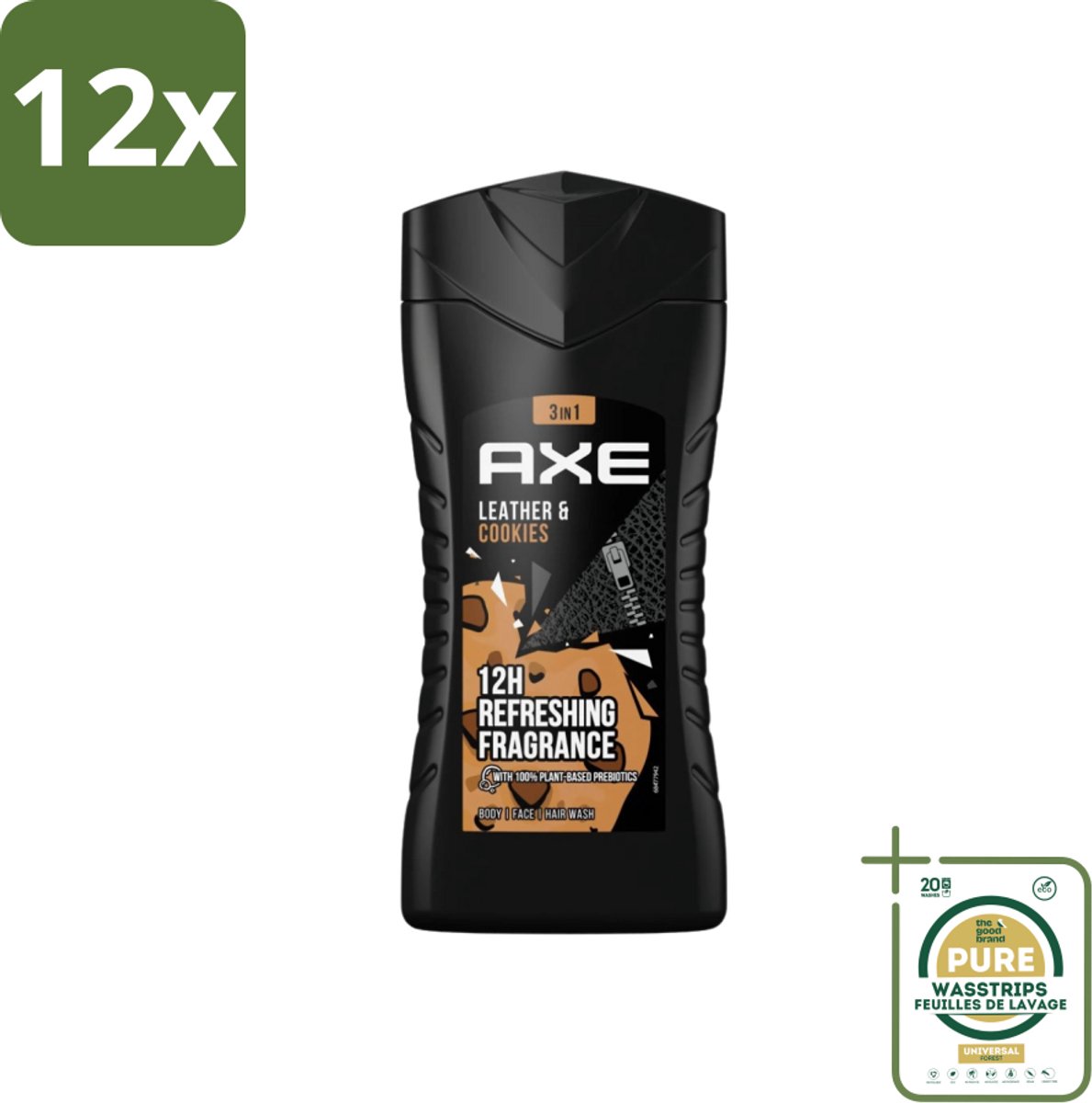 Axe - 3-in-1 Douchegel - Leather & Cookies - 100% Plantaardig - 250 ml - Voordeelverpakking - 12 stuks - Lichaam - Gezicht