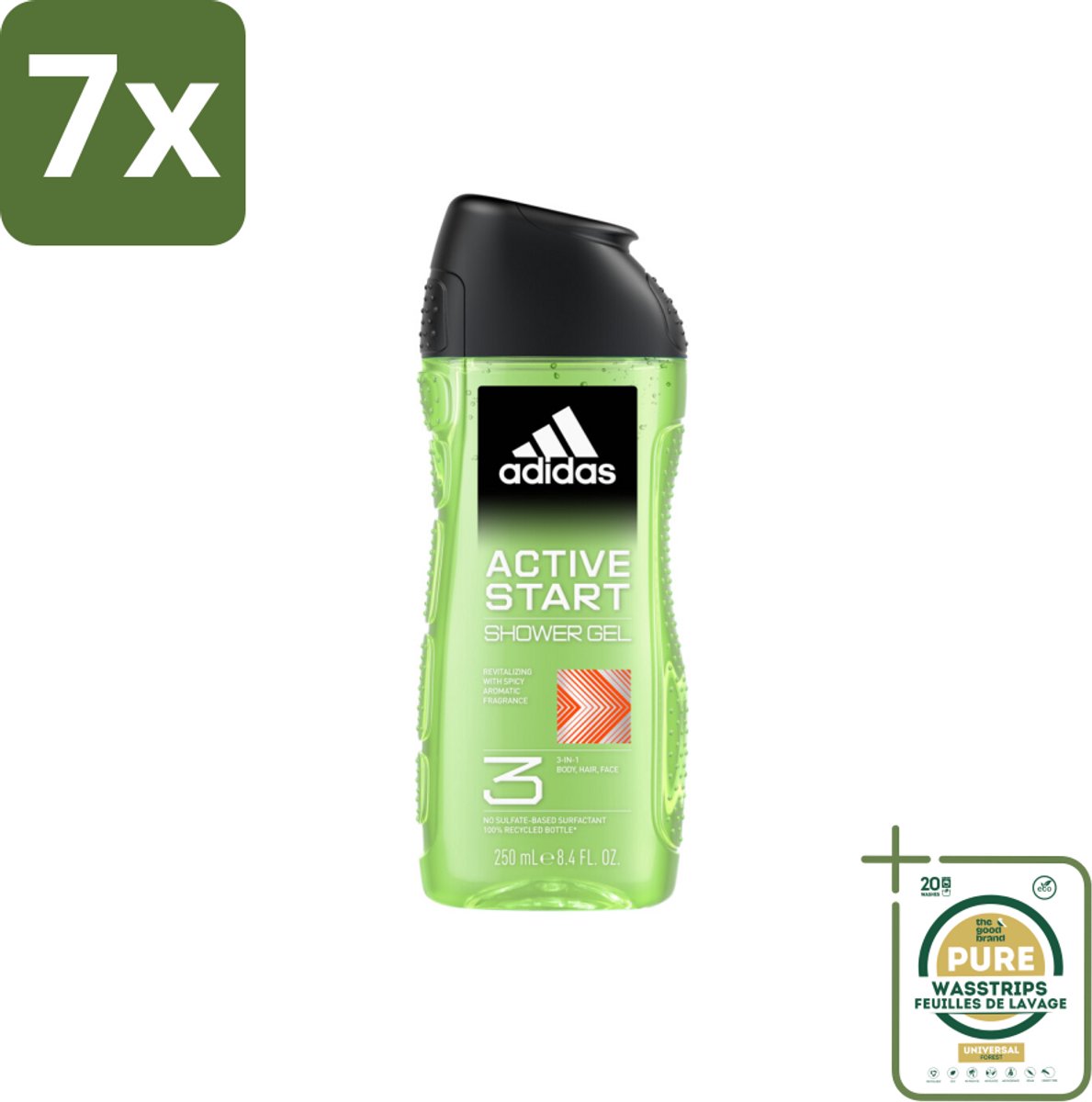 7 x Adidas Shower Gel Active Start 250 ml - Grootverpakking - Douchegel - 3-in-1 - Lichaam - Gezicht - Haar