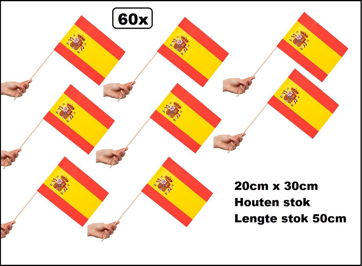 60 stuks Luxe Zwaaivlaggetjes op stok Spanje 20cm x 30cm - lengte stok 50cm - Zwaai vlaggetjes EK WK thema feest voetbal festival uitdeel
