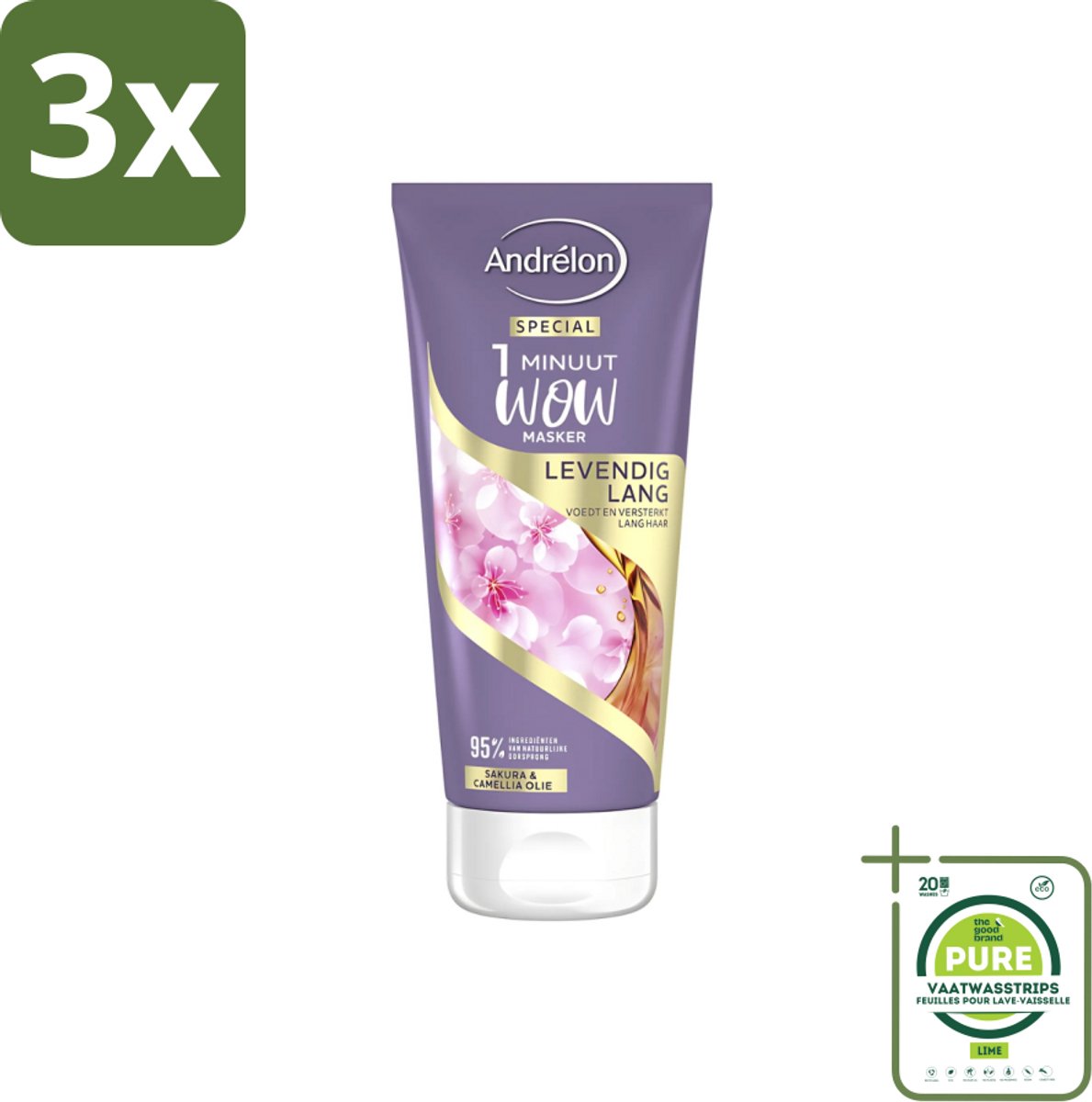3 x Andrélon - 1 Minuut Wow Haarmasker - Levendig Lang - 180 ml - Grootverpakking - 1 Minuut Masker - Lang Haar Masker - Sakura En Camellia-olie - Haar Herstel - Haar Verzorging