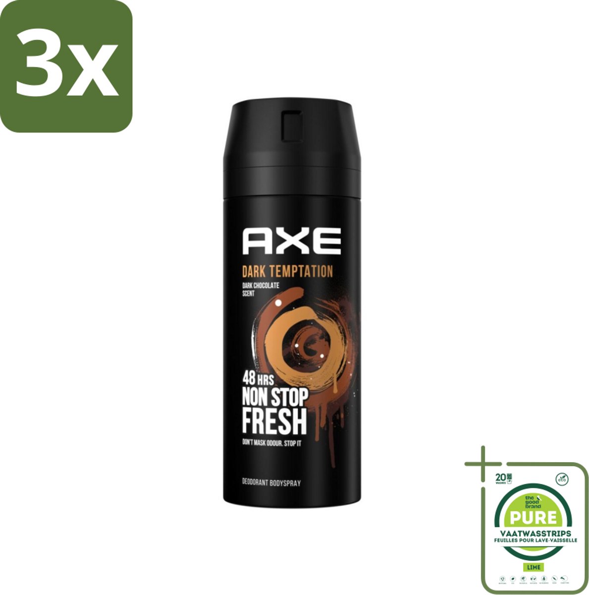 3 x Axe Deodorant Bodyspray Dark Temptation 150 ml - Grootverpakking - Axe Dark Temptation - Deodorant - Chocolade Geur - Rode Peperkorrels - Amber Geur