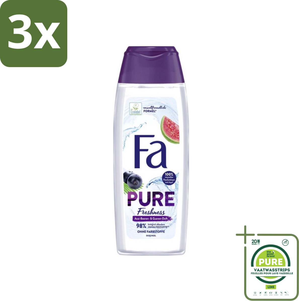 3 x Fa - Douchegel - Pure Freshness - Acai & Guave - Verfrissend & Verzorgend - 250 ml - Grootverpakking - Douchegel - Acai - Guave - Verfrissend - Verzorgend