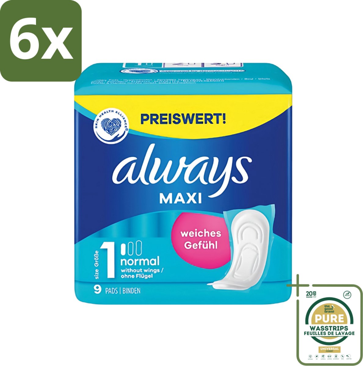 Always Maxi - Maandverband - Maat 1 - Normal - 9 Pads - Voordeelverpakking - 6 stuks - Absorptie - Comfort