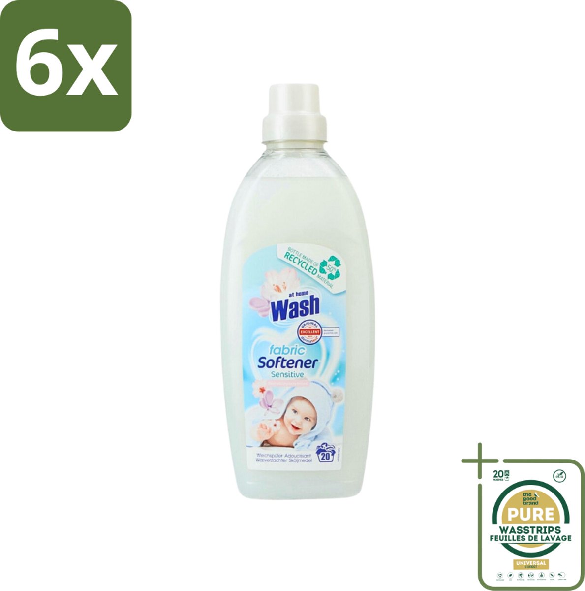 At Home - Wash - Wasverzachter - Sensitive - 20 Wasbeurten - Voordeelverpakking - 6 stuks - Wasverzachter voor alle stoffen - Wasverzachter voor katoen