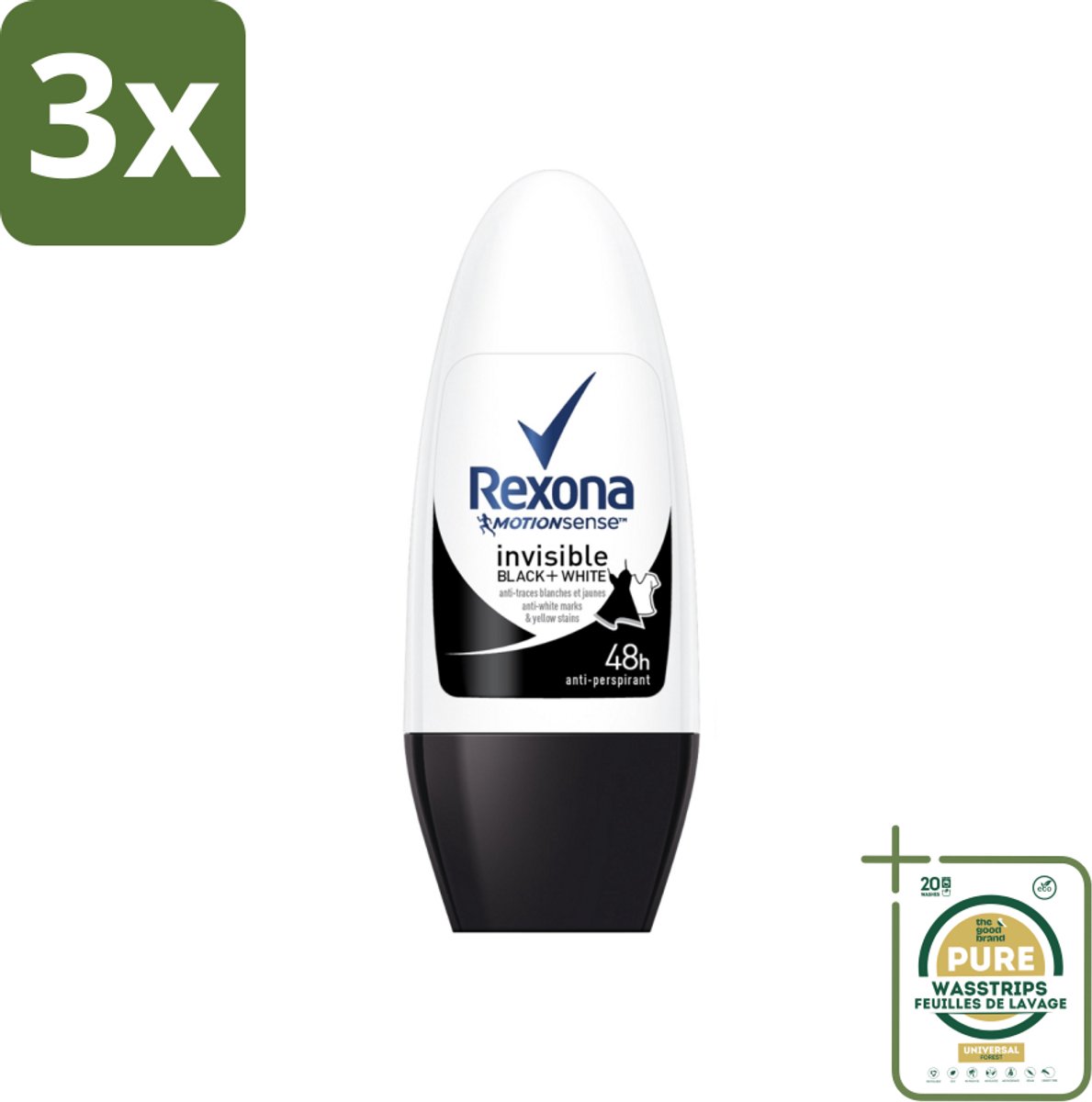 3 x Rexona - Invisible Black & White - Deo Roller - Anti-transpirant - 50 ml - Grootverpakking - Deodorant - Anti-transpirant - Vlekkenvoorkomend - 48 Uur Bescherming - Roll-on Deodorant