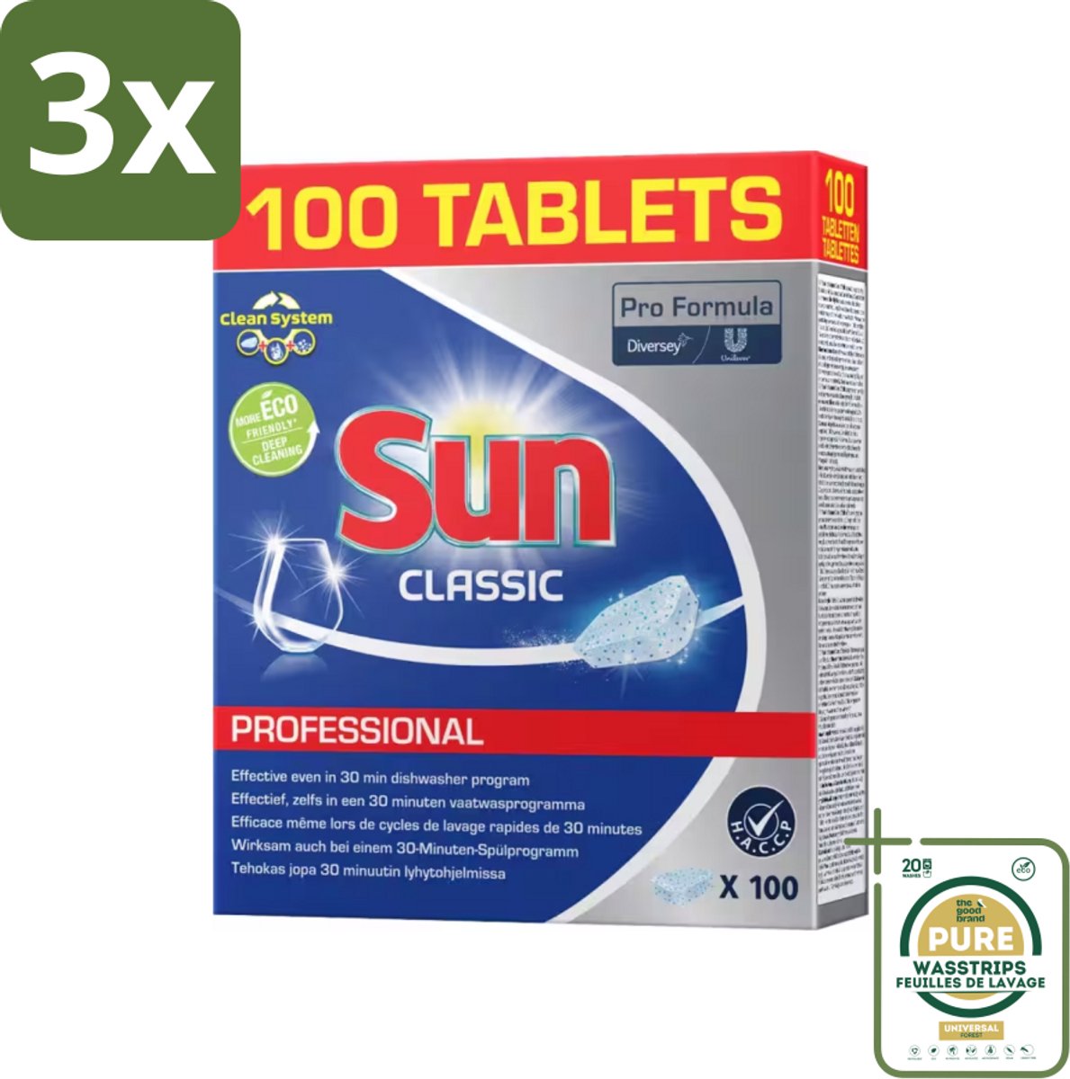 3 x Sun - Classic Professional - Vaatwastabletten - 100 Tabletten - Grootverpakking - Vaatwasmachine - Vaatwastabletten - Vaat Reinigen - Vaatwasmiddel - Vaatwasmachine Tablet