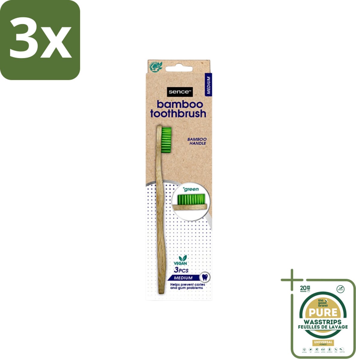 3 x Sence - Bamboo - Tandenborstels - Medium - Set van 3 - Groen - Grootverpakking - Tandenborstel - Bamboo - Duurzaamheid - Milieuvriendelijk - Vegan