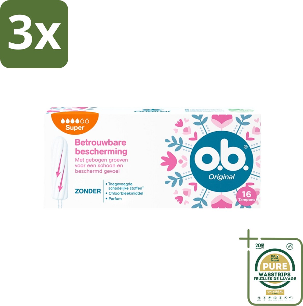 3 x o.b. Tampons - Original Super - Gebogen Groeven - Voor Betrouwbare Bescherming - 16 Tampons - Grootverpakking - Tampons - Menstruatiebescherming - Gebogen Groeven - StayDry - Plantaardige Kern