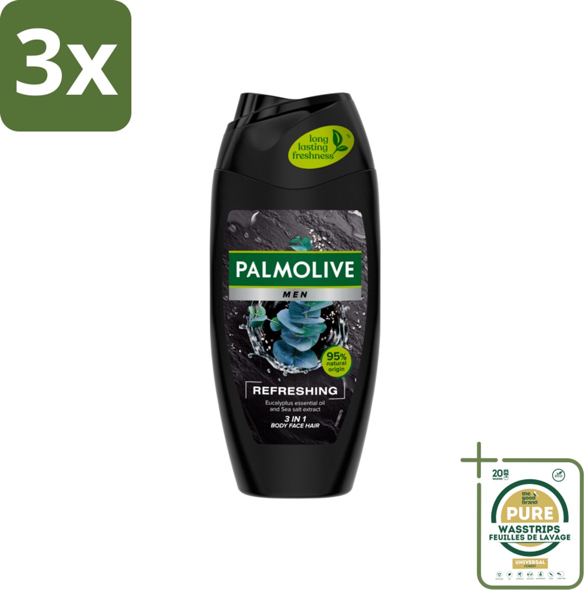 3 x Palmolive Men 3-in-1 Body Face Hair Refreshing Etherische Eucalyptusolie Zeezoutextract 250 ml - Grootverpakking - Douchegel Voor Mannen - Verfrissende Douchegel - Eucalyptusolie - Citrusolie - Hydraterende Douchegel