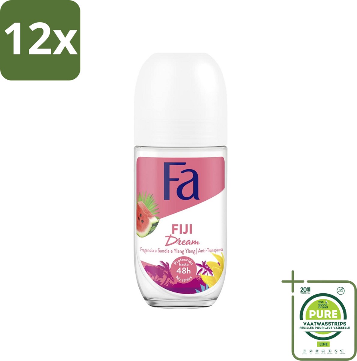 Fa - Deodorant Roller - Fiji Dream - Watermeloen & Ylang Ylang - 48 uur Bescherming - 50 ml - Voordeelverpakking - 12 stuks - 48 uur bescherming - Deodorant roll-on