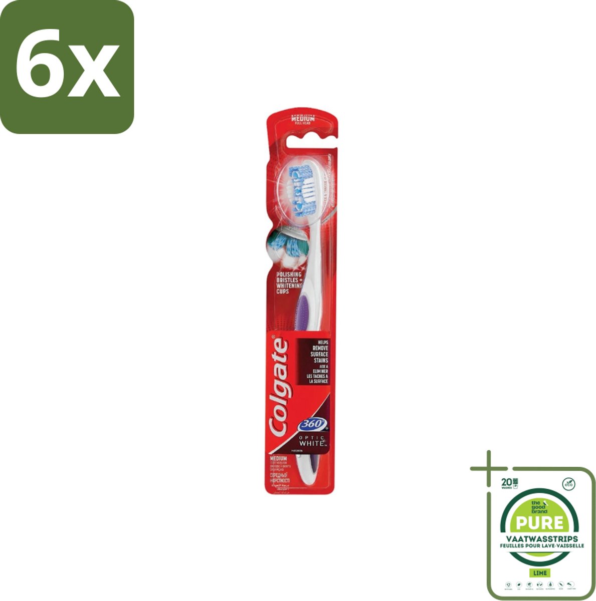 Colgate - Tandenborstel - 360 Optic White Medium- Wit - 1 Tandenborstel - Voordeelverpakking - 6 stuks - Tandenborstel - Wittere tanden