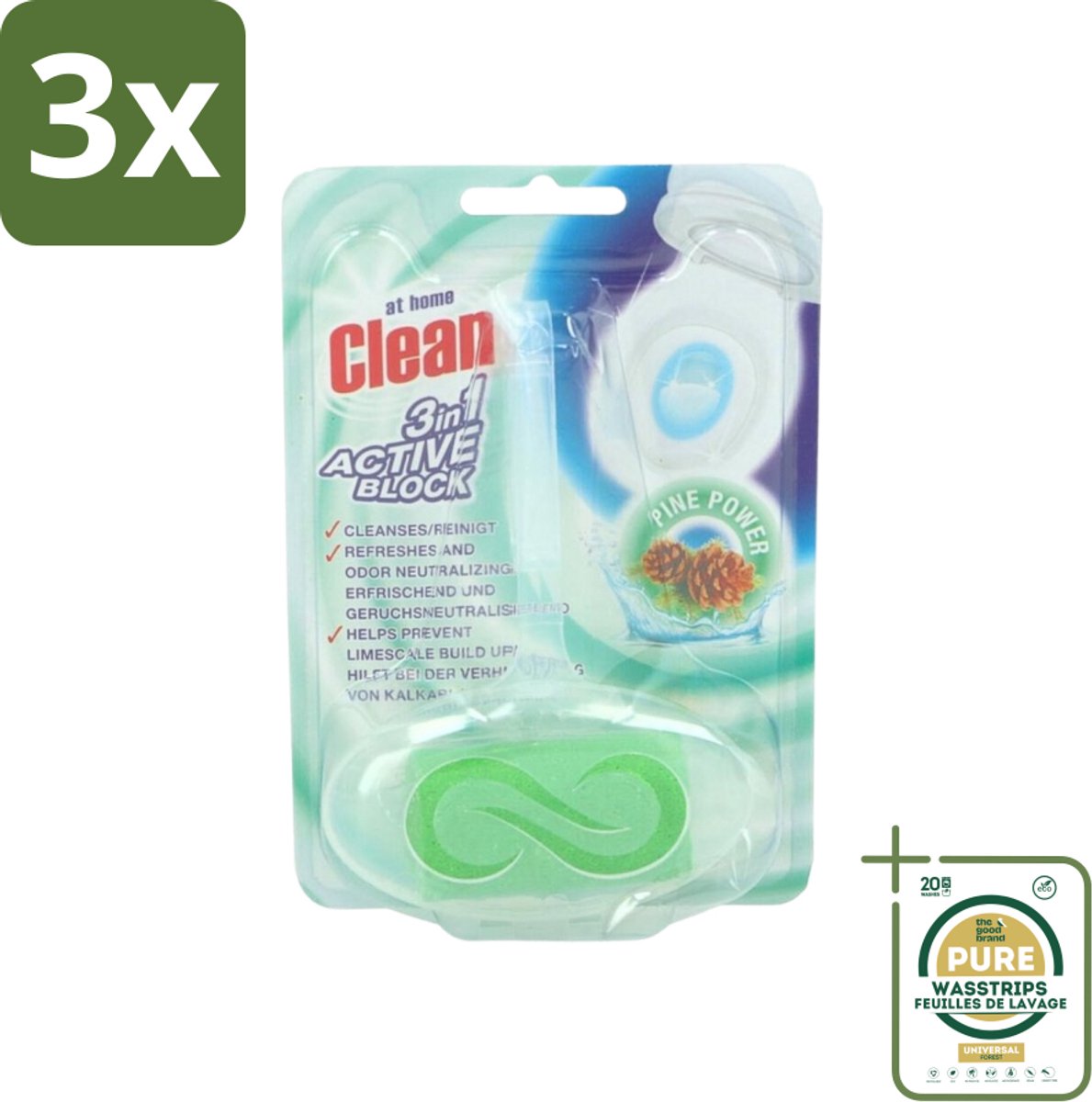 3 x At Home - Clean - Toiletblok - 3in1 Active - Pine Power - Neutraliseert & Reinigt - 1 Blok - Grootverpakking - Toiletblok - Reinigen Toilet - Neutraliseren Geuren - Fris Toilet - Dennenboom Geur