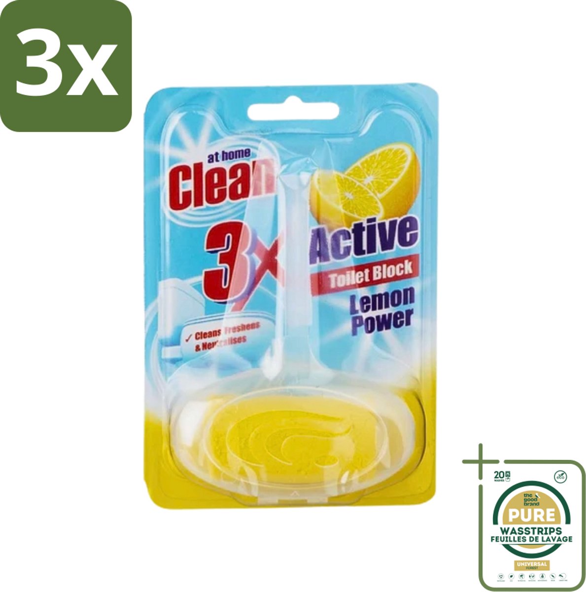 3 x At Home - Clean - Toiletblok - 3in1 Active - Lemon Power - Neutraliseert & Reinigt - 1 Blok - Grootverpakking - Toiletblok - Toilet Reinigen - Toilet Fris - Toilet Geuren Neutraliseren - Toilet Reinigingsblok