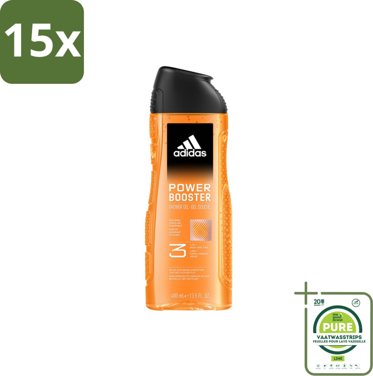 15 x Adidas Shower Gel Power Booster 250 ml - Grootverpakking - Douchegel - 3-in-1 - Lichaam - Gezicht - Haar