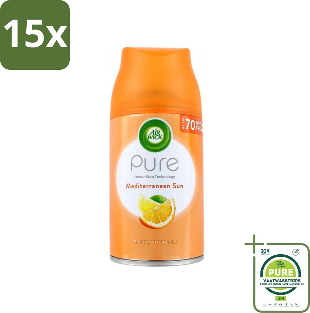 15 x Air Wick - Luchtverfrisser Navulling - Mediterrane Zon - Automatische Spray - 250 ml - Grootverpakking - Luchtverfrisser - Automatische Geur - Zonnige Geur - Bloemige Geur - Geur Neutralisatie