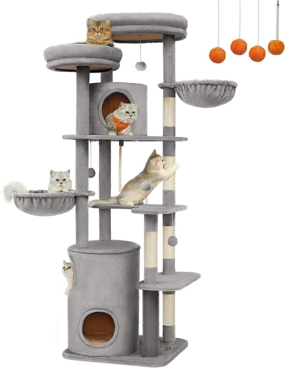 Kattenkrabpaal XXL - Kattenboom meubels - Spelen en rusten - Meerdere verdiepingen - 196 cm hoog - Lichtgrijs