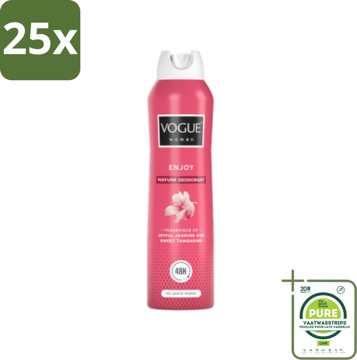 25 x Vogue Enjoy Parfum Deodorant 150 ml - Grootverpakking - Parfum En Deodorant - Deodorant Spray - 24 Uur Bescherming - Geur Van Mandarijn - Geur Van Jasmijn