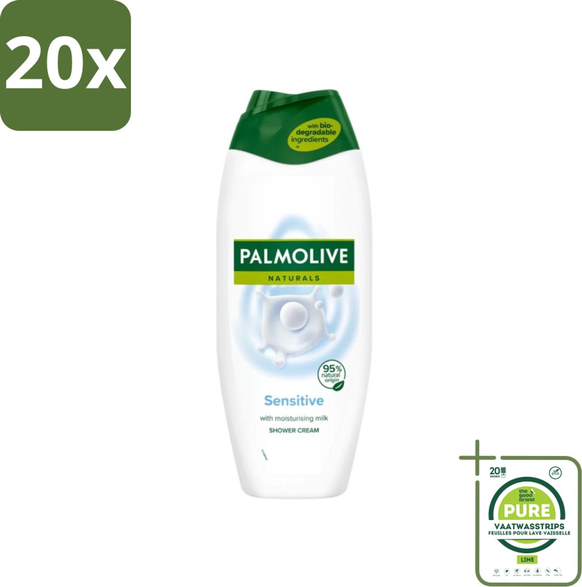 20 x Palmolive Naturals - Douchegel - Sensitive - Voor Gevoelige Huid - 500 ml - Grootverpakking - Douchegel - Gevoelige Huid - Melkproteïnen - Zachte Reiniging - Natuurlijke Balans