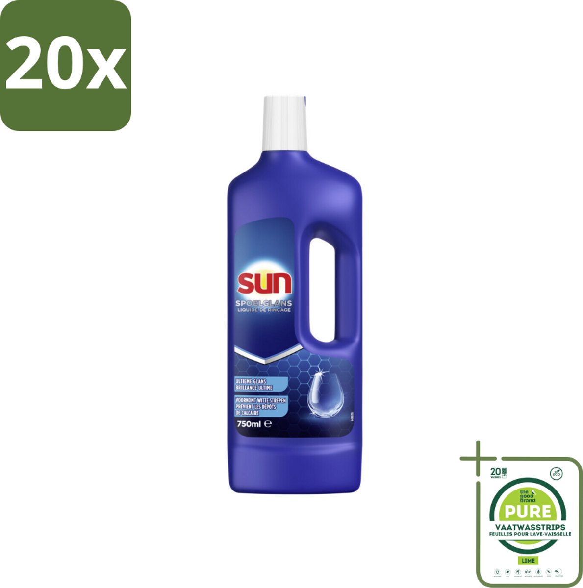 20 x Sun Spoelglans Normaal 750 ml - Grootverpakking - Spoelglans - Vaatwasmachine - Droogtijd - Kalkaanslag - Strepen
