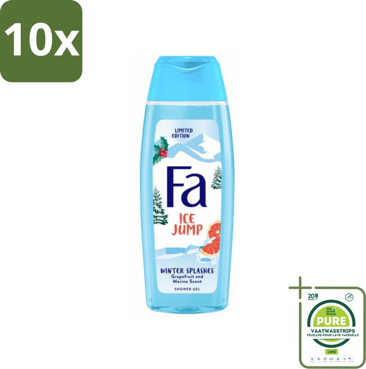 10 x Fa - Douchegel - Winter Splashes Ice Jump - Frisse Geur & Verfrissing - Verzorgend - 250 ml - Grootverpakking - Douchegel - Zeebries - Grapefruit - Winter - Verfrissend