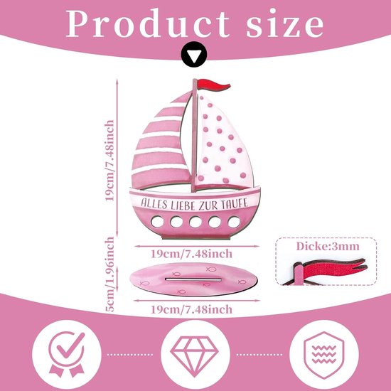 Houten boot als doopcadeau voor meisjes, roze, 19 x 16 cm, uniek doopgeschenk, persoonlijk cadeau, geldcadeau voor doop — afbeelding 3
