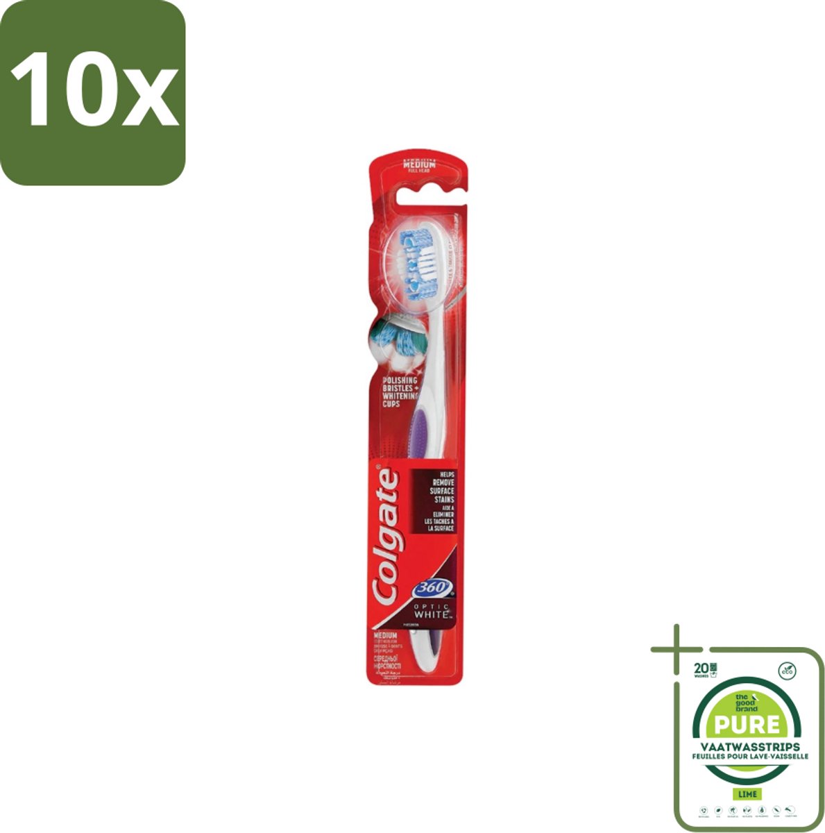 10 x Colgate - Tandenborstel - 360 Optic White Medium- Wit - 1 Tandenborstel - Grootverpakking - Tandenborstel - Wittere Tanden - Mondverzorging - Tanden Reinigen - Tong Reinigen