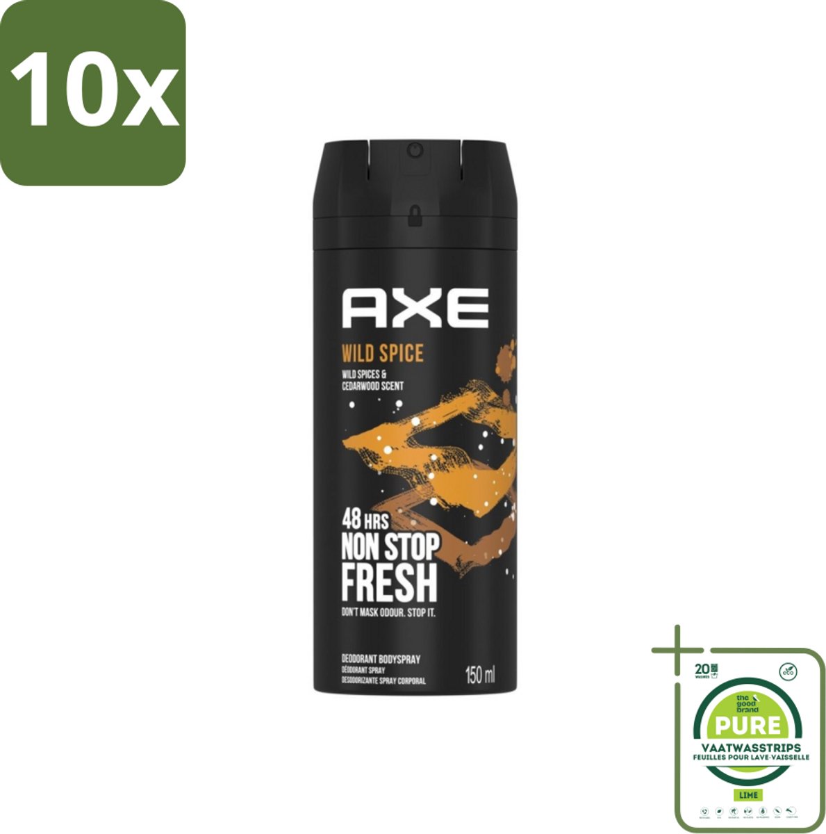 10 x Axe - Deodorant Bodyspray - 48hrs Non Stop Fresh - Wild Spice - Wild Spices & Cedarwood - 150 ml - Grootverpakking - Axe Wild Spice - Deodorant Bodyspray - Cederhout Geur - Frisse Geur - Anti-geur