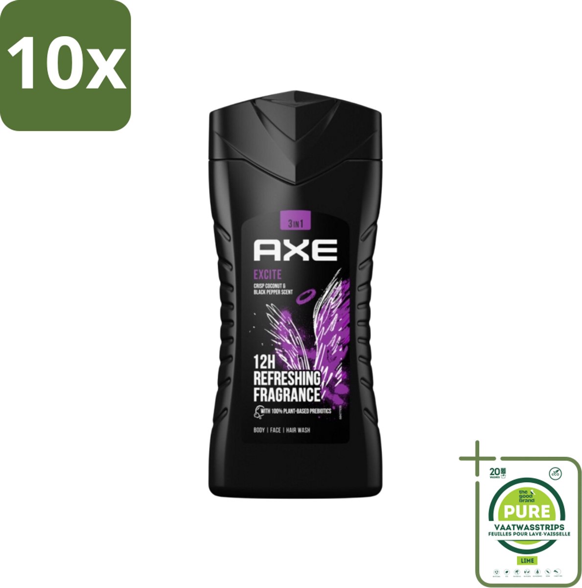 10 x Axe - 3-in-1 Douchegel - Excite - Douchegel - Crisp Coconut & Black pepper - 100% Plantaardig - 250 ml - Grootverpakking - Douchegel Axe - Axe Excite - Kokosnoot En Zwarte Peper - 100% Prebiotica - Douchegel Geur