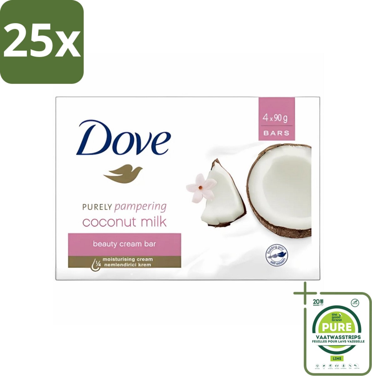 25 x Dove - Zeep - Purely Pampering - Kokos - Zacht en verzorgend - 4 x 100 g - Grootverpakking - Dove Zeep - Kokos En Jasmijn - Zeep Wastablet - Zeep Voor Huid - Zeep Voor Handen