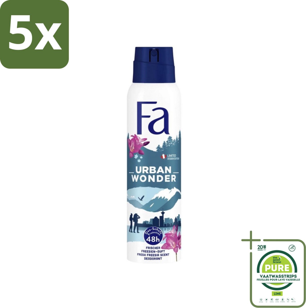 5 x Fa - Deodorant Spray - Urban Wonder - Aardbei - 48 uur Bescherming - 150 ml - Grootverpakking - Deodorant Spray - Aardbei - 48 Uur Bescherming - Geur Aardbei - Dermatologisch Getest