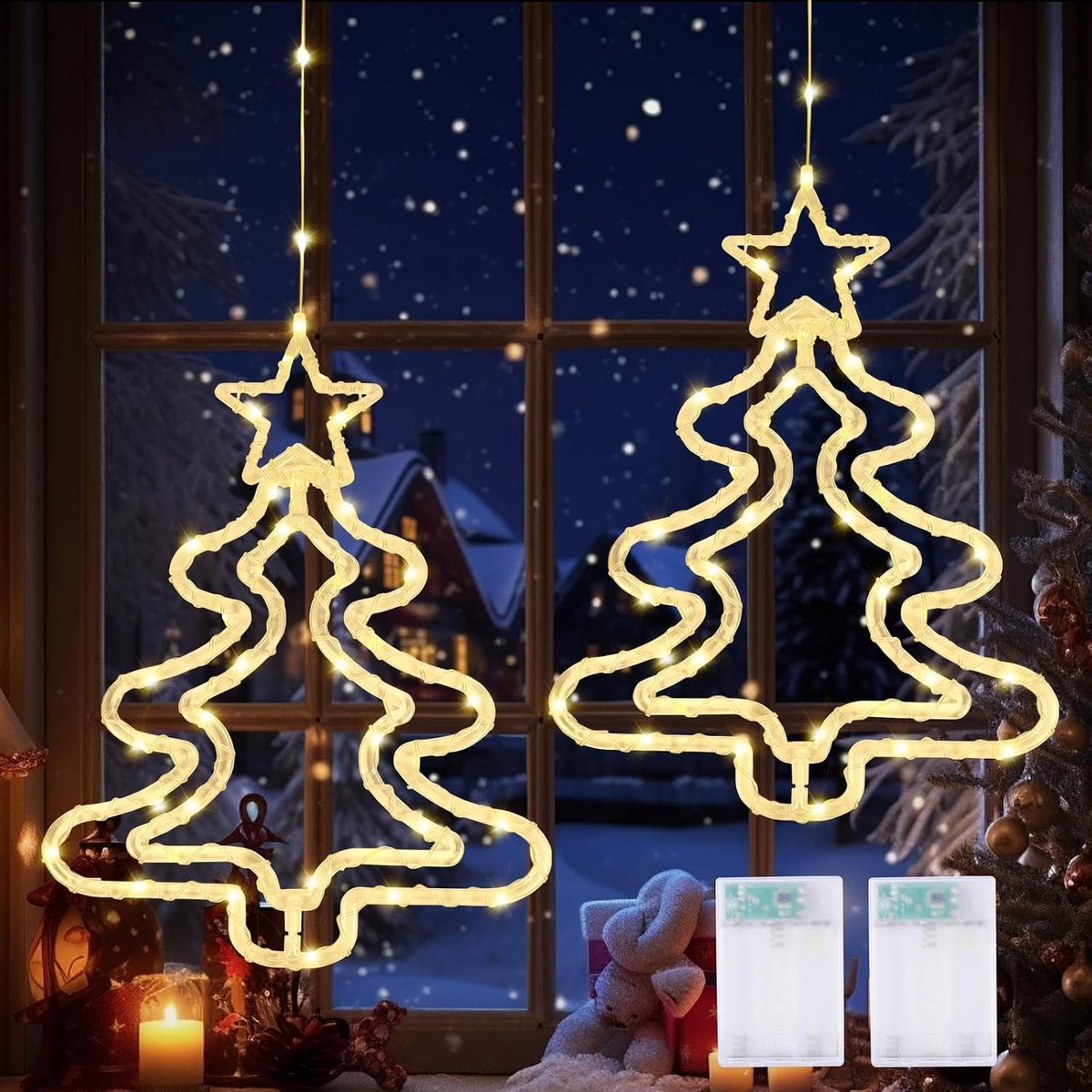 Verlichte Kerstster voor Raamdecoratie, 2 Stuks LED Kerstverlichting voor Binnen, Rotatable Lichtdecoratie voor Feestdagen en Balkon Versiering
