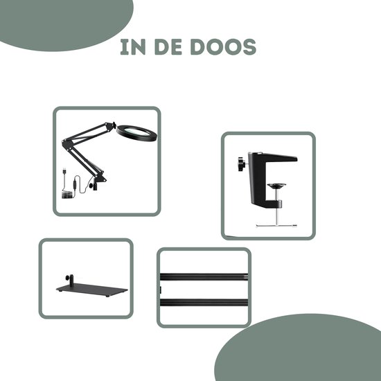 Inhoud van de doos: zwarte staande loeplamp met LED, klembevestiging, platte standaard en lamparm.