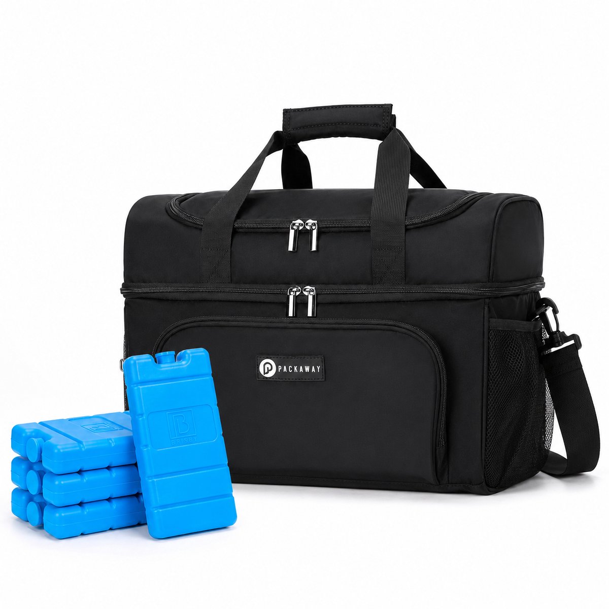 Packaway Koeltas 20L - Lunchtas - Inclusief 4 Koelelementen - Dubbel Compartiment - 4-Laags Geïsoleerd - Waterafstotend - Signature Black