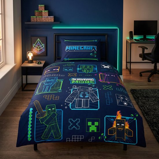 Donkerblauw Minecraft dekbedovertrek met pixel-art figuren en 'Survival Mode' tekst.