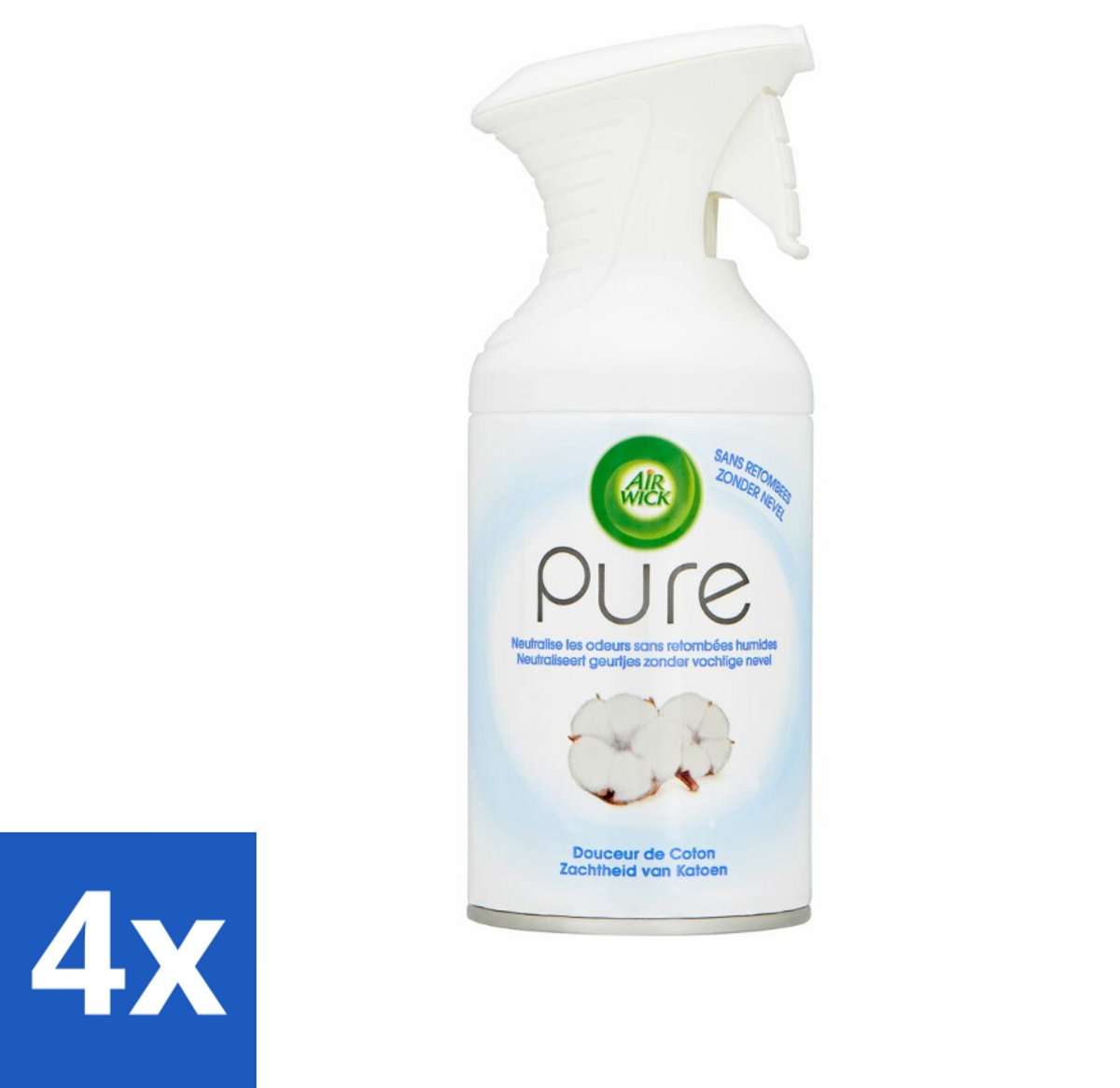 4 x Air Wick - Spray - Zachtheid Van Katoen - Luchtverfrisser - 250 ml - Luchtverfrisser - Katoen Geur - Geurverfrisser - Frisse Geur - Air Wick
