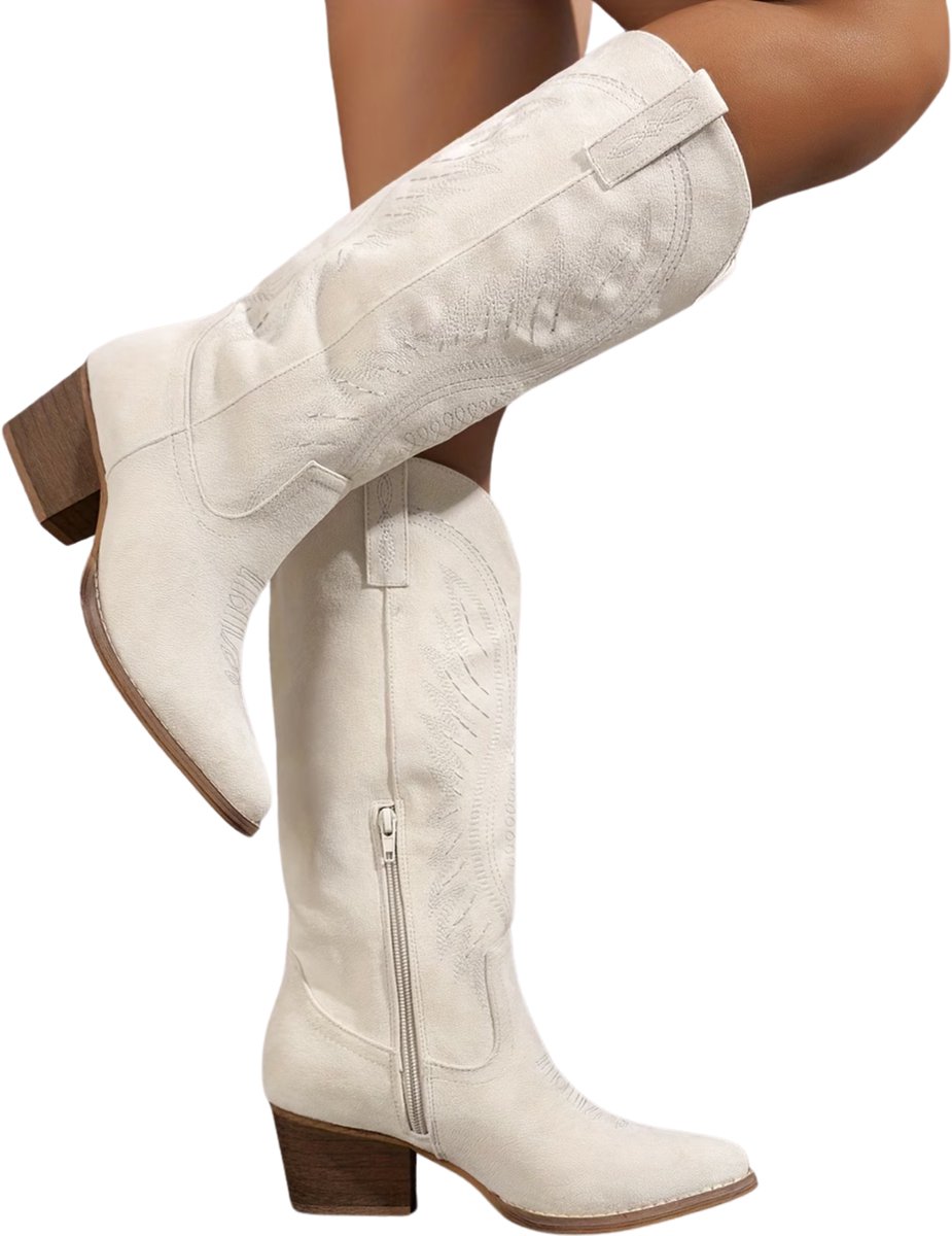 Currero Dames Cowboy Laarzen Hoge Hak Enkellaarzen Kniehoge Western Boots Chelsea 44 Wit