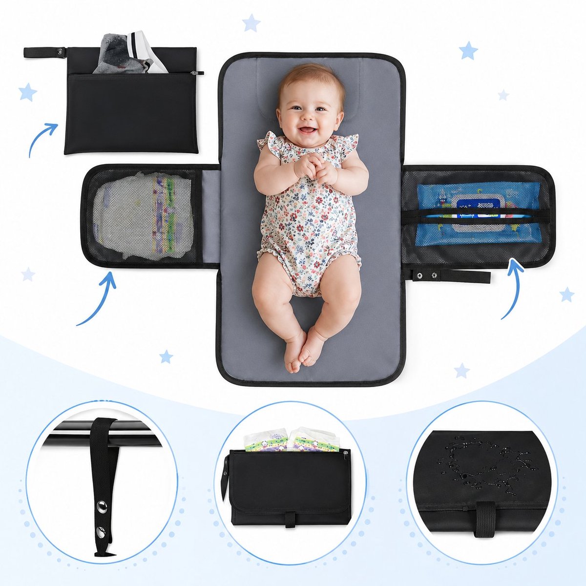 R&H® Luierrugzak voor baby's, grote luiertas, babytas, rugzak met kinderwagenriemen en luieronderlegger, voor onderweg, zwart – foto 4
