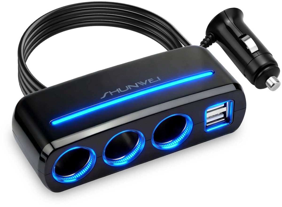 Elzusha - Auto Lader met 3 Stopcontacten en Dubbele USB Poorten