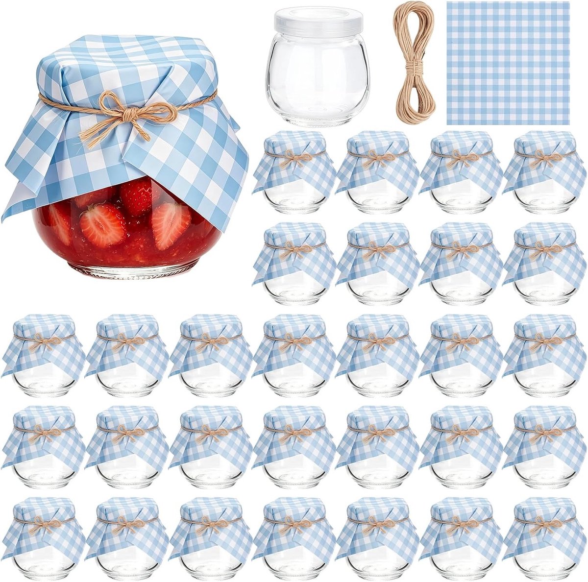 Mini-yoghurtpotjes van 100 ml - Lege glazen potten met deksels voor specerijen, jam en bruiloften - 30 stuks met jute koord en blauw papier