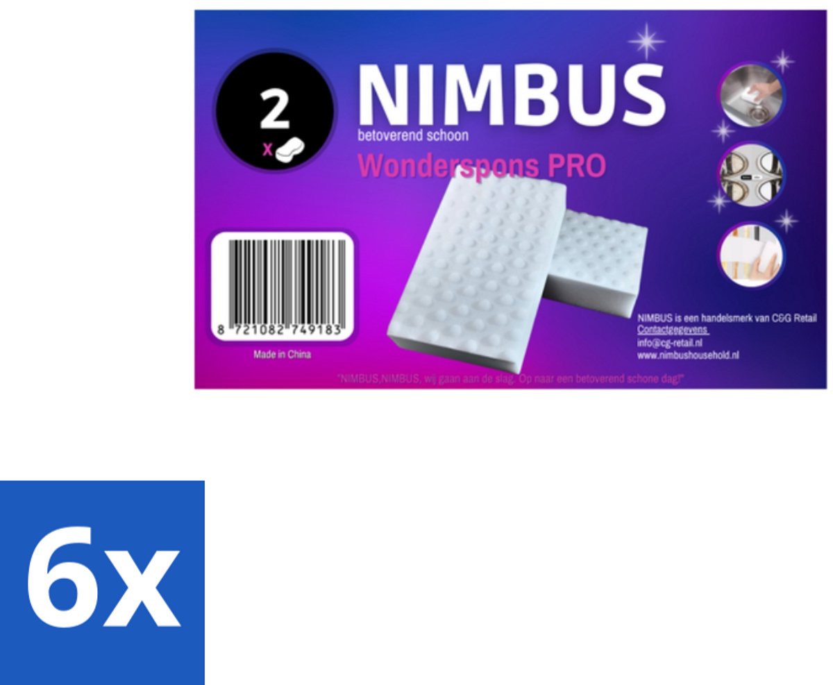 6 x NIMBUS Wonderspons Pro Wit 2 stuks per verpakking - Schoonmaken - Reinigen - Vuil Verwijderen - Vlekken Verwijderen - Water Reinigen