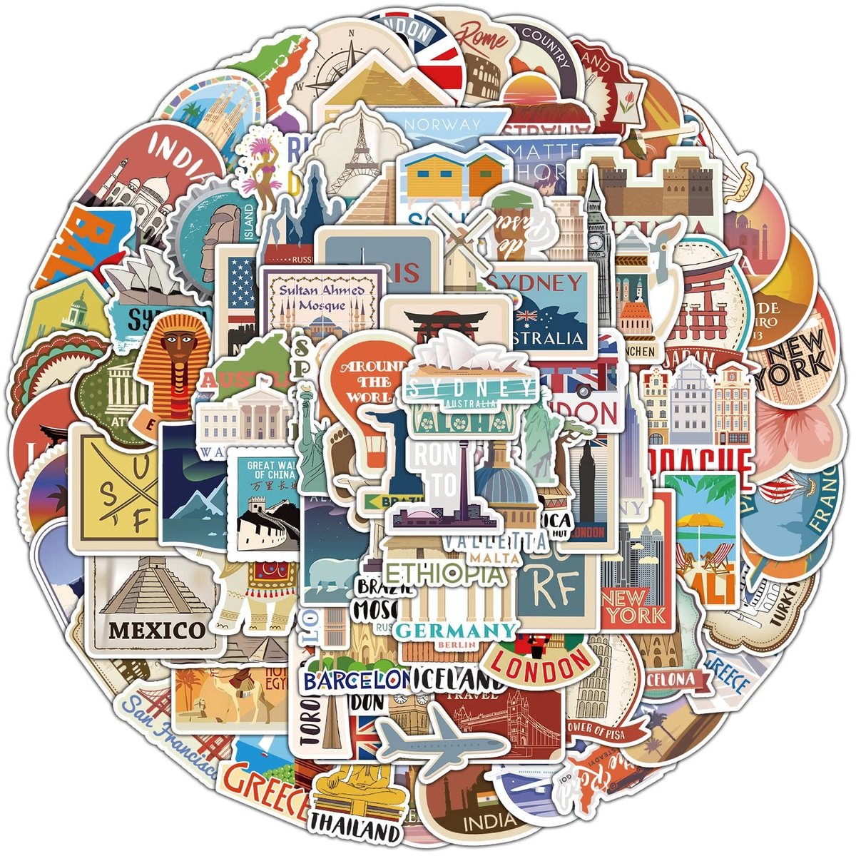 Elzusha - Set van 100 Vintage Wereldreisborden Stickers voor Creatieve Projecten