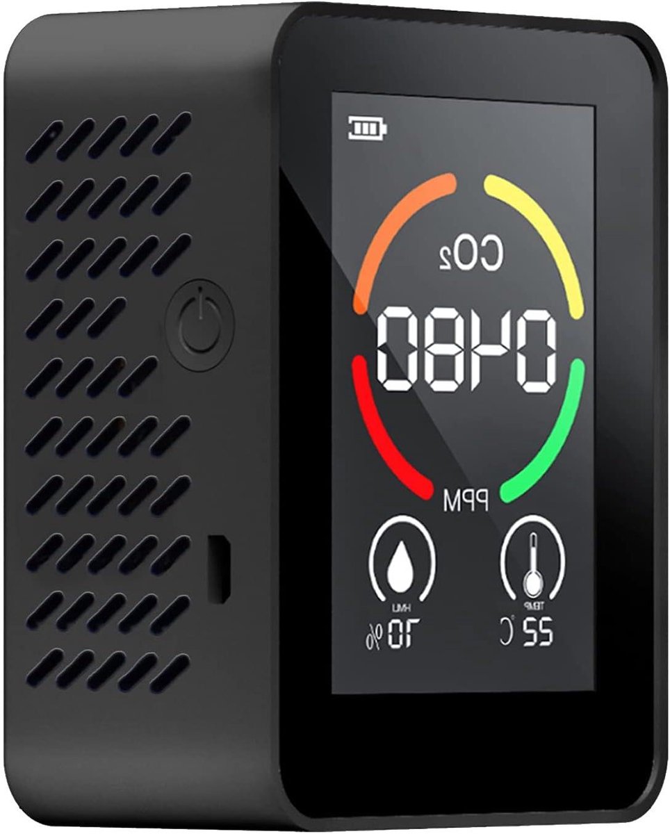Luchtkwaliteit Meter - CO2 Detector - Binnenklimaat Meten - Kleurenring Indicator - 14x11x5 cm - Zwart