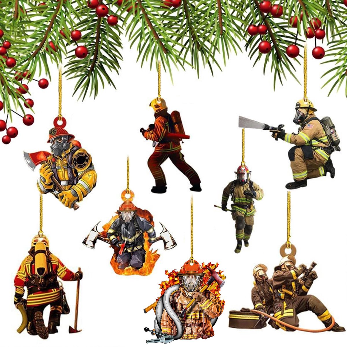 Elzusha - Set van 8 Brandweerman Kerstdecoraties voor de Boom