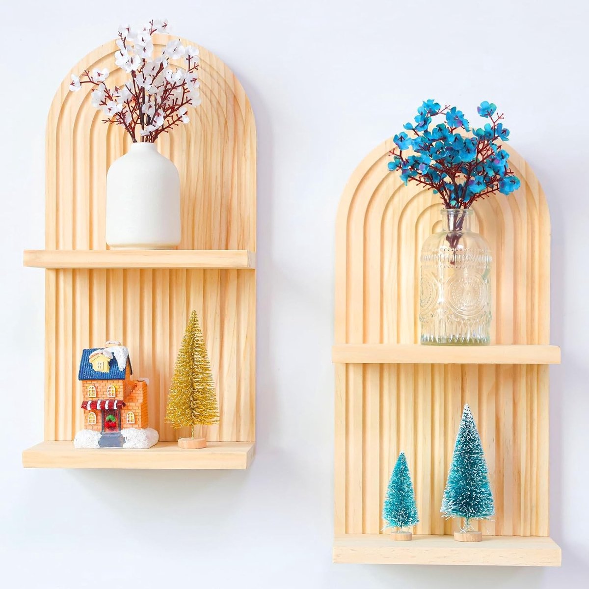 2 Stuks Houten Wandplanken voor Wanddecoratie - Moderne Boho Wandplank, Arch Wood Drijvende Plank, Bohemian Hangplank voor Planten en Foto's in Woonkamers en Badkamers