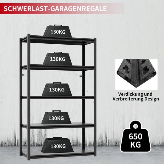 Wishdor Metalen opbergrek - 5 niveaus - 650 kg draagvermogen - Verstelbaar en deelbaar tot 2 werkbanken - Industrieel - Garage magazijn werkplaats - Staal - Zwart - 160 x 80 x 40 cm — afbeelding 4